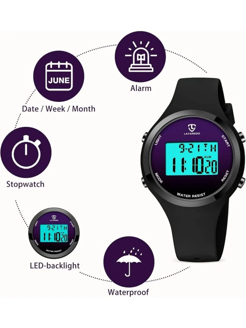 Women's Black Purple Quartz Chronograph Waterproof Outdoor Sport Digital Watch
